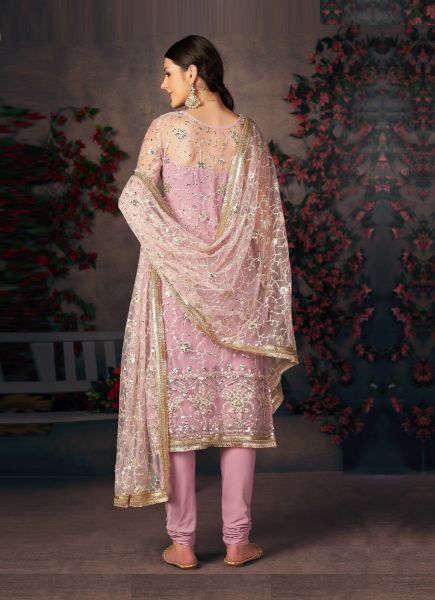 Pink Mono Net Embroidered Festive-Wear Chudidar Salwar Kameez