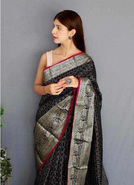 Black Silk Weaving Festive-Wear Checks Saree