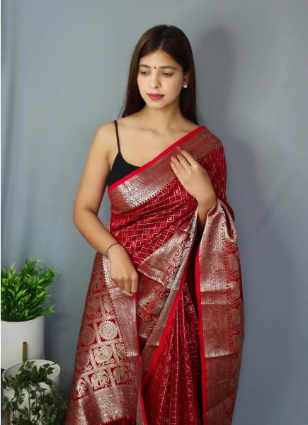 Red Silk Weaving Festive-Wear Checks Saree