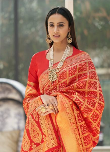 Orange Red Weaving Festive-Wear Kanjivaram Silk Saree