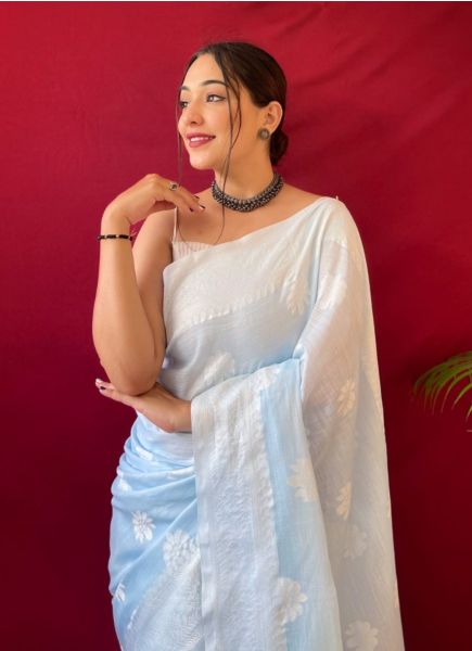 Light Sky Blue Weaving Festive-Wear Linen-Cotton Saree