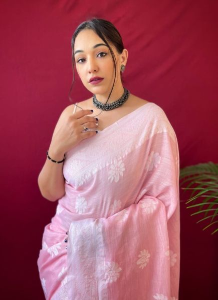 Pink Weaving Festive-Wear Linen-Cotton Saree