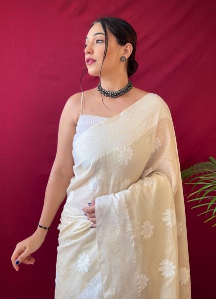 Beige Weaving Festive-Wear Linen-Cotton Saree