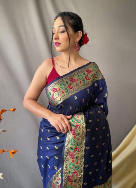 Blue Paithani Silk Weaving Festive-Wear Saree