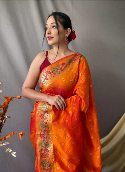 Orange Red Paithani Silk Weaving Festive-Wear Saree