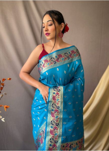 Dark Sky Blue Paithani Silk Weaving Festive-Wear Saree