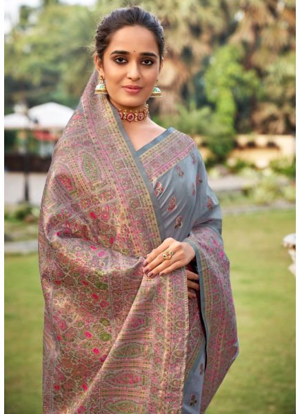 Gray Modal Weaving Festive-Wear Kashmiri Saree