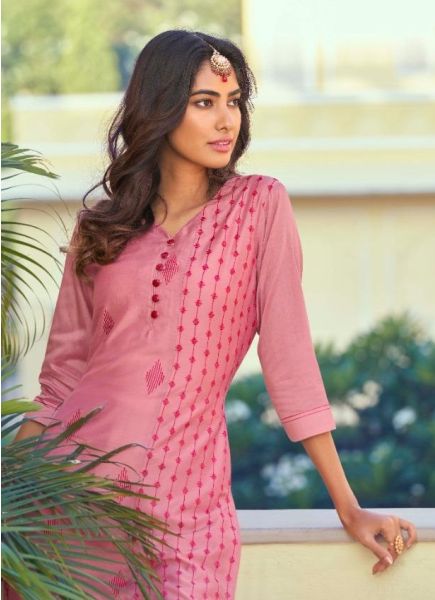 Pink Silk Embroidered Festive-Wear Readymade Kurti With Pant