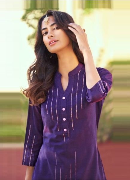 Violet Silk Embroidered Party-Wear Readymade Kurti With Pant