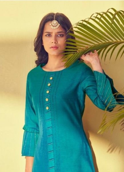 Teal Blue Silk Embroidered Party-Wear Readymade Kurti With Pant