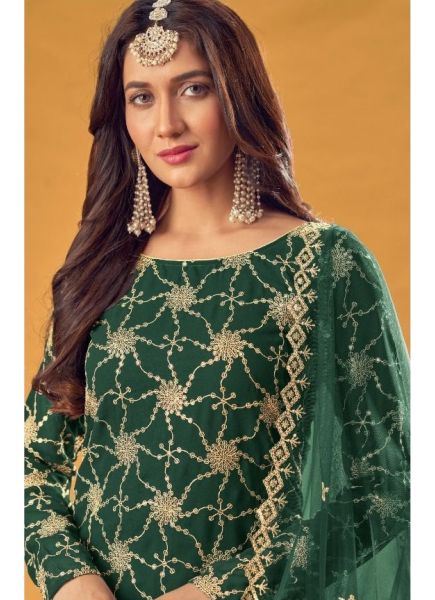 Green Georgette Embroidered Party-Wear Sharara-Bottom Salwar Kameez