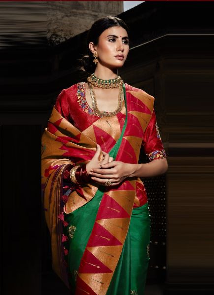Dark Green Silk Paithani Weaving Festive-Wear Saree