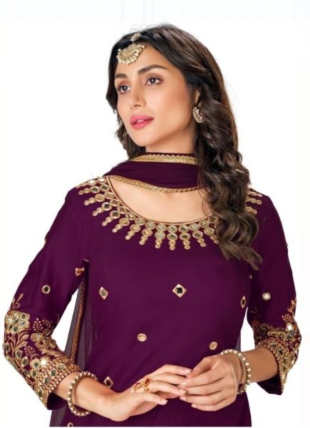 Purple Silk Mirror-Work  Festive-Wear Patiala Salwar Kameez