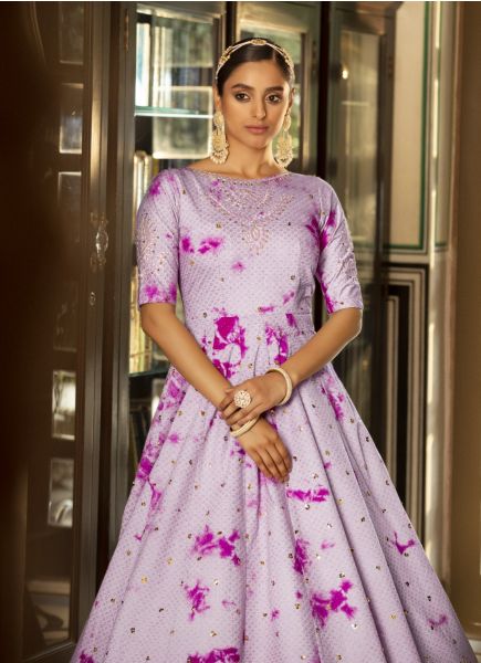Light Lilac Cotton Sequins, Embroidery & Shibori-Print Party-Wear Floor-Length Gown