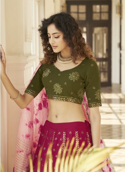 Jam & Olive Green Georgette Sequins, Embroidery & Thread-Work Party-Wear Stylish Lehenga Choli