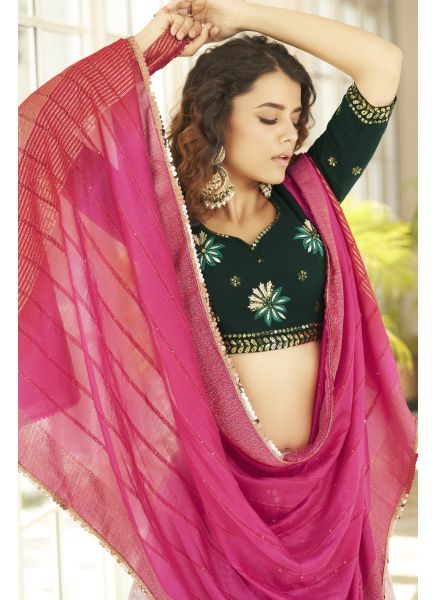 Light Pink & Dark Green Georgette Sequins, Embroidery, Stone Pasting & Thread-Work Party-Wear Stylish Lehenga Choli