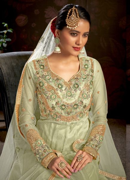 Light Sage Green Net Embroidered Party-Wear Floor-Length Salwar Kameez