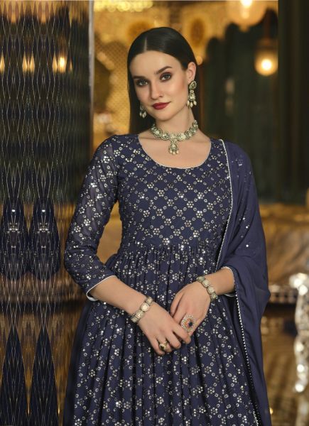 Midnight Blue Georgette Embroidered Party-Wear Sequins-Work Readymade Salwar Kameez
