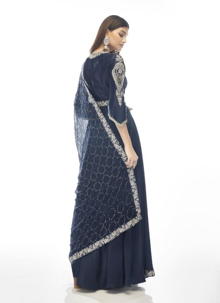 Midnight Blue Satin Embroidered Party-Wear Floor-Length Salwar Kameez