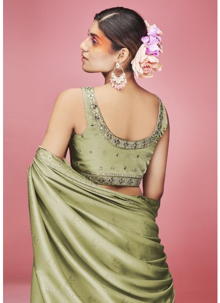 Light Olive Green Art Silk Thread, Hand Work Crushed Wedding-Wear Stylish Readymade Lehenga Choli
