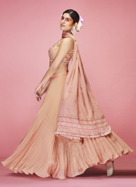 Light Peach Art Silk Thread, Hand Work Crushed Wedding-Wear Stylish Readymade Lehenga Choli