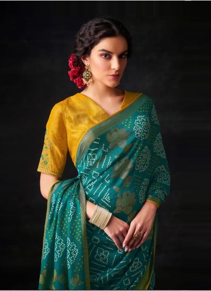 Teal Blue Brasso Silk With Bandhani Print Festive-Wear Saree [Contrast-Blouse]