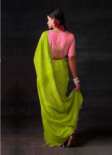Lemon Green Brasso Silk With Bandhani Print Festive-Wear Saree [Contrast-Blouse]