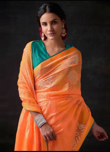 Cantaloupe Orange Brasso Silk With Bandhani Print Festive-Wear Saree [Contrast-Blouse]