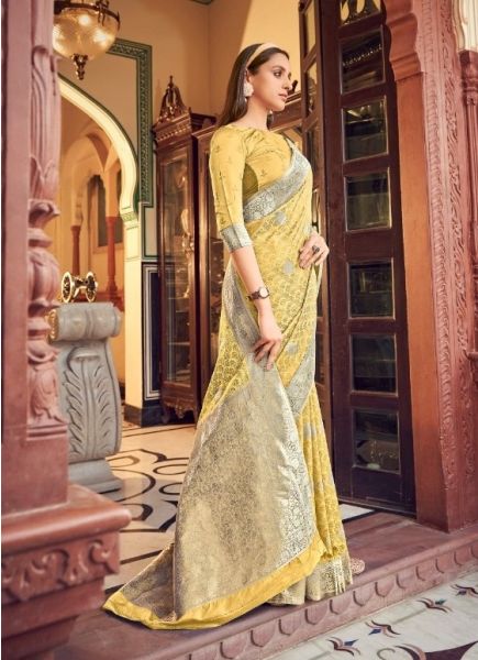 Yellow Soft Satin Silk Weaving Festive-Wear Saree
