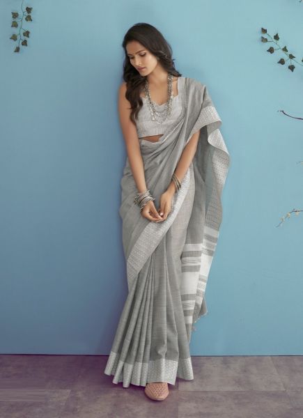 Gray Weaving Office-Wear Linen-Cotton Saree