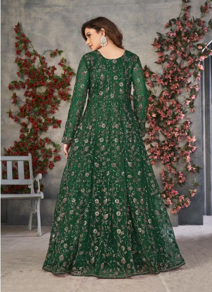 Green Net Embroidered Party-Wear Front-Slit Salwar Salwar Kameez