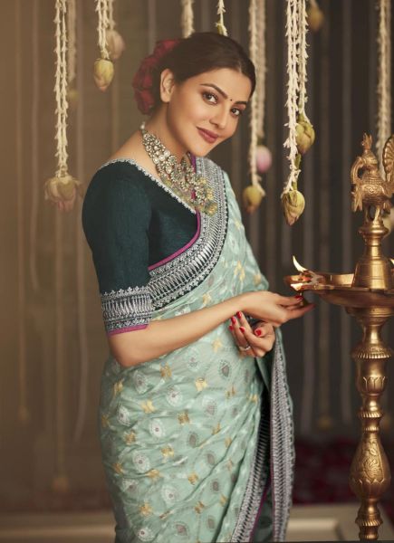 Light Mint Green Organza Silk Embroidered Party-Wear Saree [Kajal Aggarwal Collection]