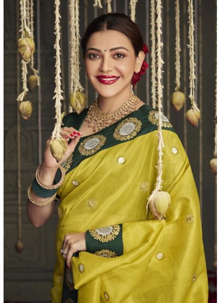 Lime Yellow Organza Silk Embroidered Party-Wear Saree [Kajal Aggarwal Collection]