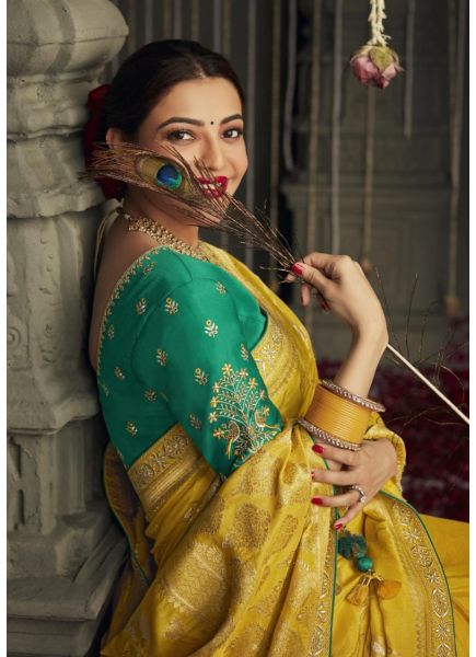Yellow Organza Silk Embroidered Party-Wear Saree [Kajal Aggarwal Collection]