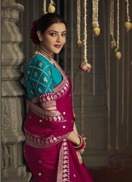 Jam Organza Silk Embroidered Party-Wear Saree [Kajal Aggarwal Collection]