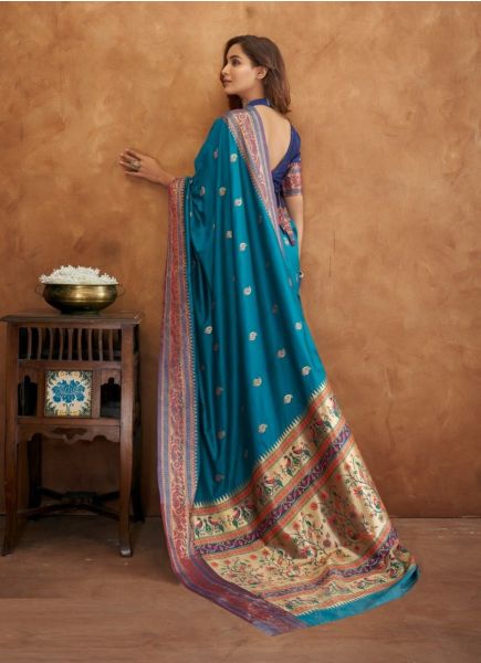 Dark Sky Blue Banarasi Weaving Festive-Wear Soft Silk Saree
