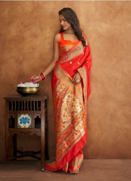 Red Banarasi Weaving Festive-Wear Soft Silk Saree