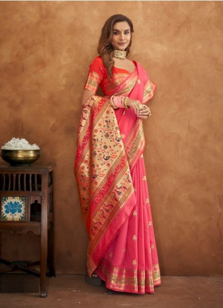 Coral Red Banarasi Weaving Festive-Wear Soft Silk Saree