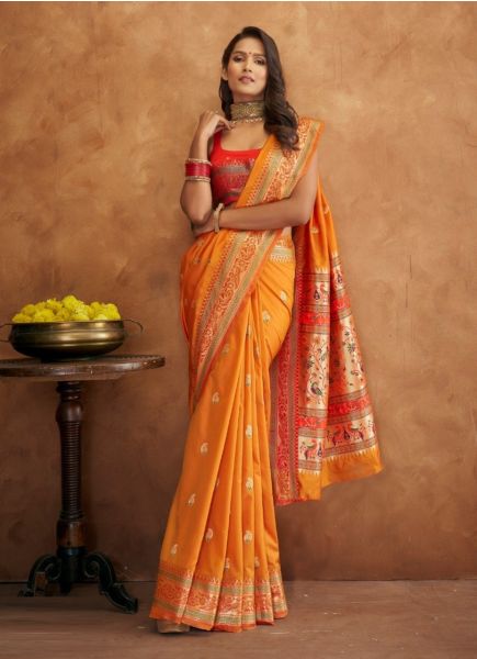 Orange Banarasi Weaving Festive-Wear Soft Silk Saree