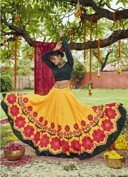 Yellow & Black Muslin Cotton Printed Festive-Wear Navratri Special Lehenga Choli