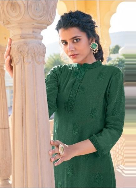 Sea Green Heavy Faux Georgette Embroidered Festive-Wear Readymade Kurti With Pant