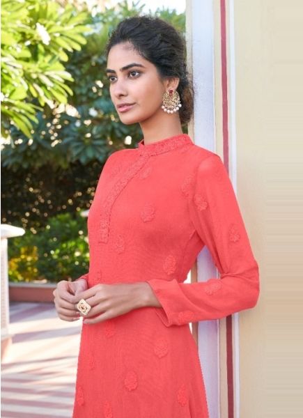 Coral Red Heavy Faux Georgette Embroidered Festive-Wear Readymade Kurti With Pant