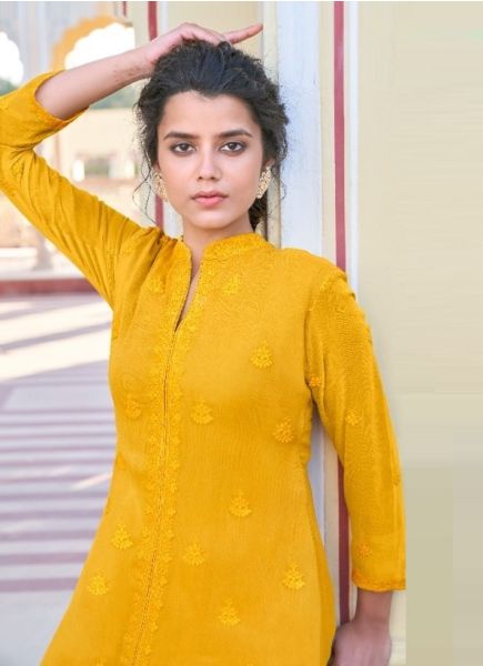 Mustard Yellow Heavy Faux Georgette Embroidered Festive-Wear Readymade Kurti With Pant