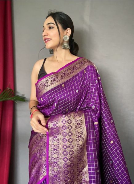 Purple Jacquard Weaving Festive-Wear Checks Saree