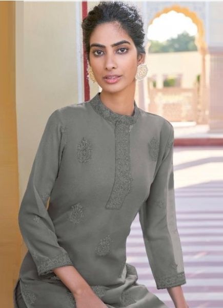 Gray Georgette Embroidered Office-Wear Readymade Kurti With Pant