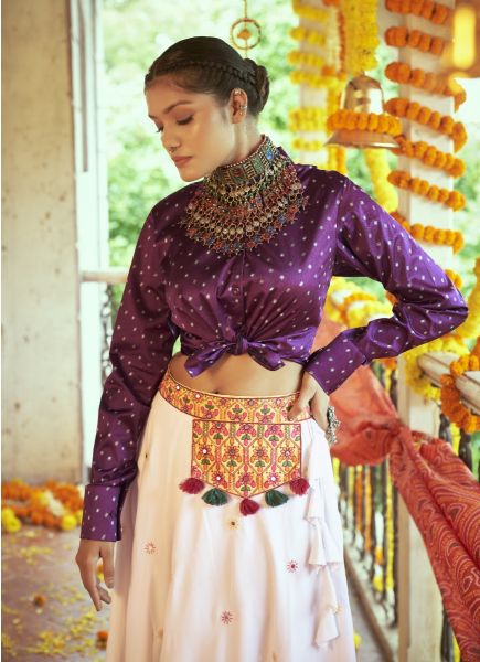 White & Purple Silk Embroidery & Printed Navratri Special Readymade Lehenga Choli (With Belt)