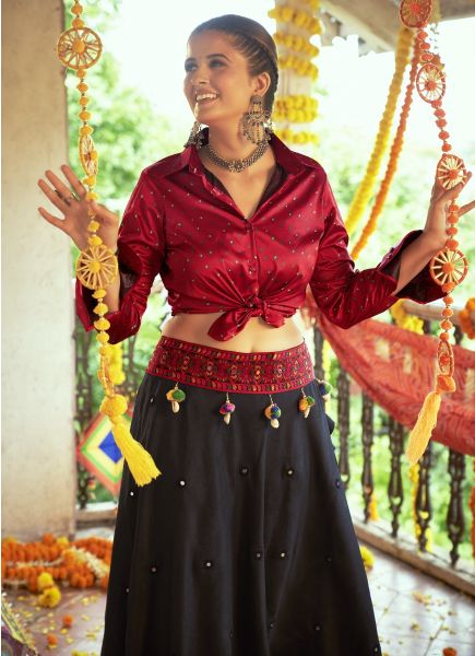 Black & Red Silk Embroidery & Printed Navratri Special Readymade Lehenga Choli (With Belt)