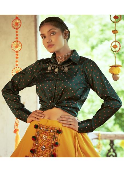 Orange & Dark Green Silk Embroidery & Printed Navratri Special Readymade Lehenga Choli