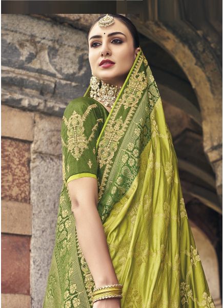 Olive Green Dola Silk Embroidered Wedding-Wear Saree
