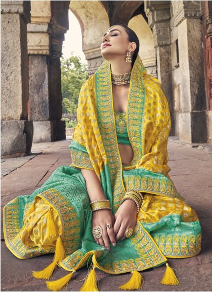 Yellow Dola Silk Embroidered Wedding-Wear Saree